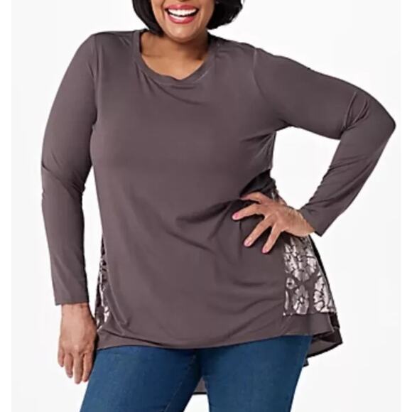 Logo Lori Goldstein Tunic Top Size L Red Asher Velvet Burnout High Low size XL - Picture 1 of 13